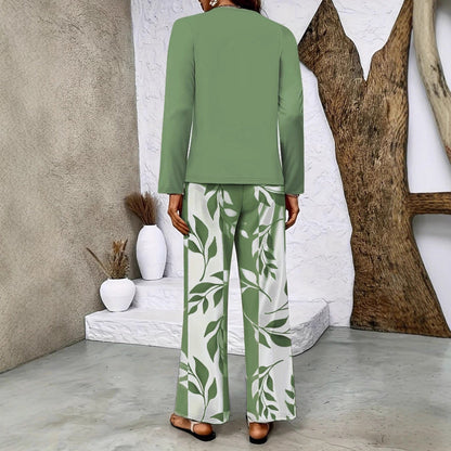 Women's Two-Piece Lounge Set with Overlapping Long-Sleeve Top and Wide-Leg Palazzo Pants