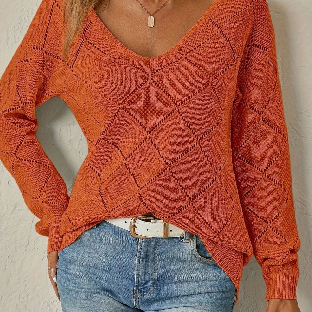Women's V-Neck Openwork Diamond-Knit Long-Sleeve Sweater