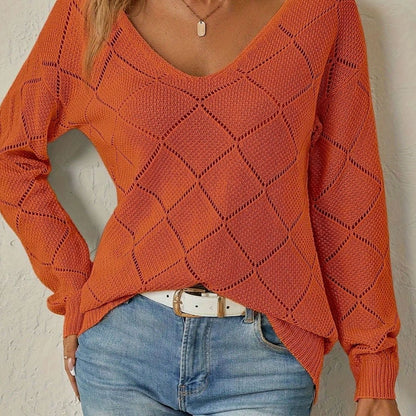 Women's V-Neck Openwork Diamond-Knit Long-Sleeve Sweater