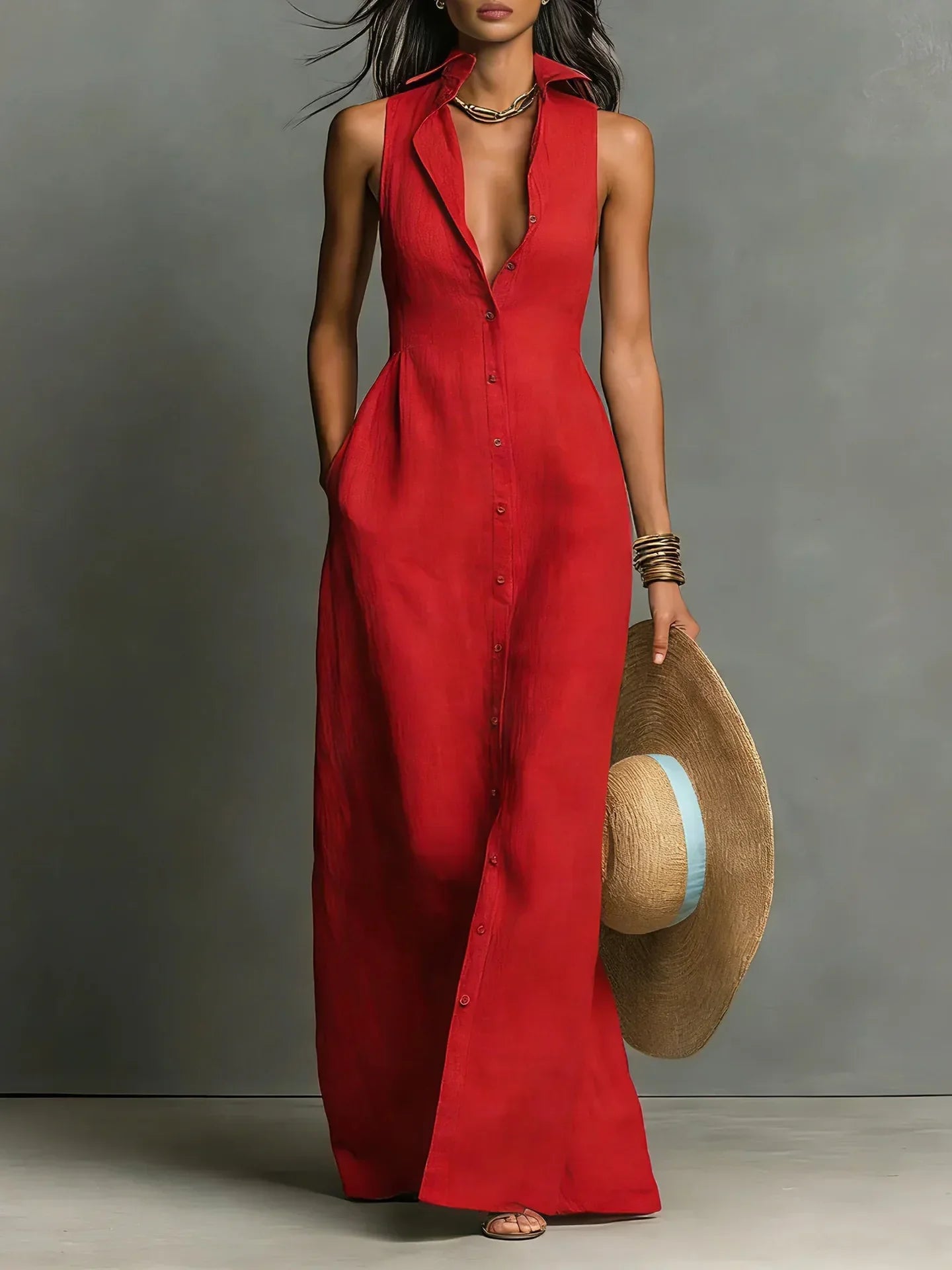 Women's V-Neck Shirt Maxi Dress