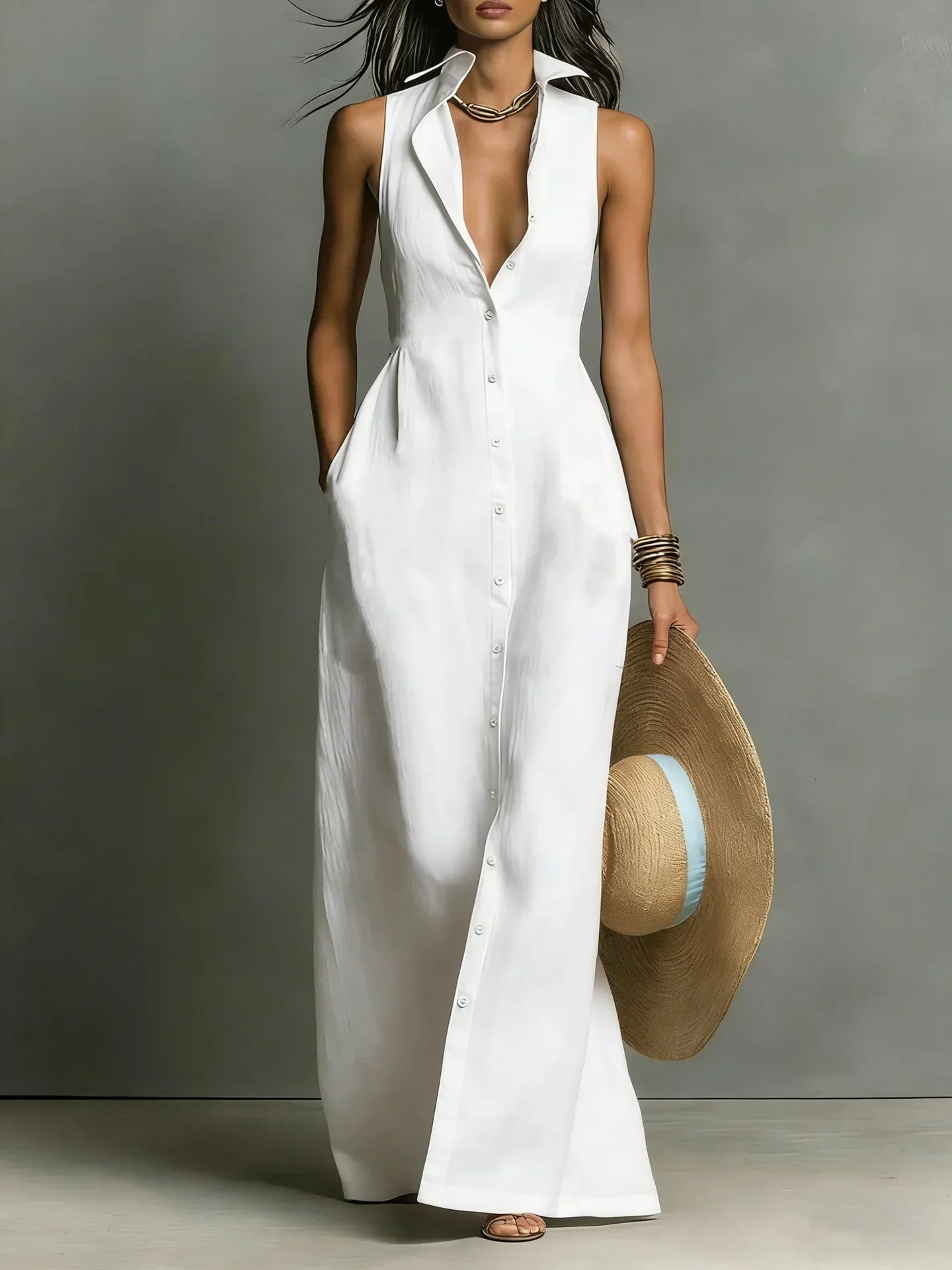 Women's V-Neck Shirt Maxi Dress