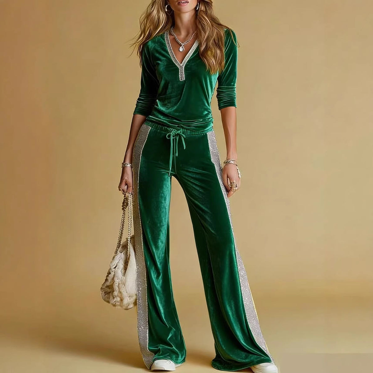 Women's Velvet Tracksuit with V-Neck and Glitter Side Stripes