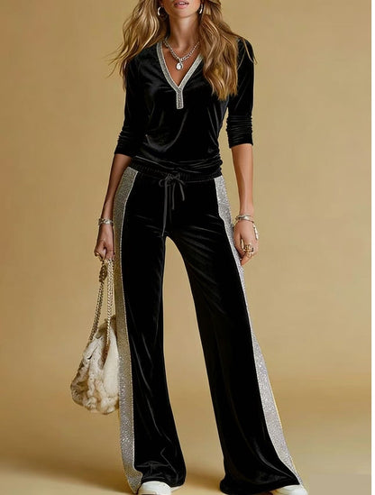 Women's Velvet Tracksuit with V-Neck and Glitter Side Stripes