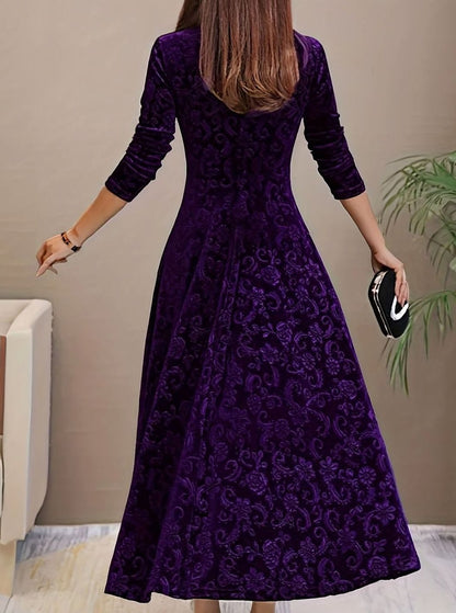 Women's Velvet V-Neck Long-Sleeve A-Line Midi Dress
