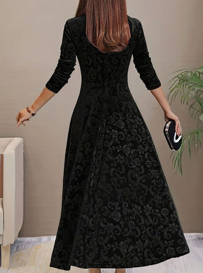Women's Velvet V-Neck Long-Sleeve A-Line Midi Dress