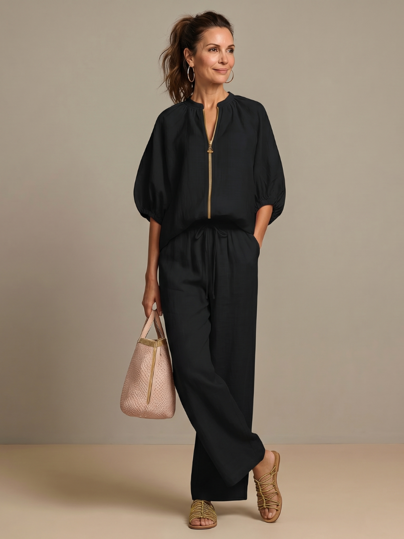 Women's Zippered Puff Sleeve Set
